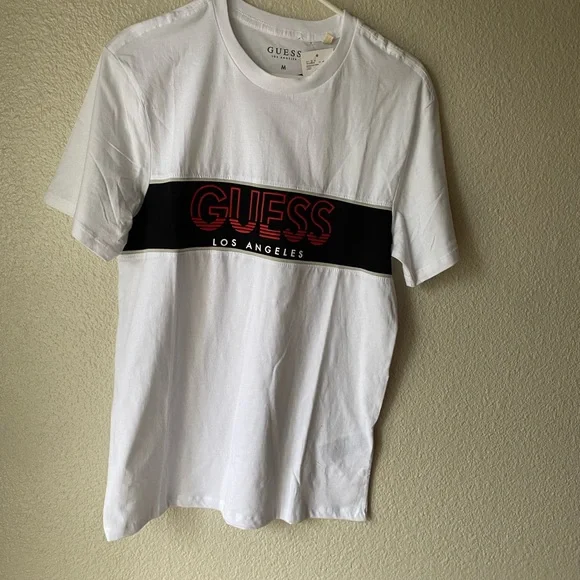 GUESS White Short Sleeve Tee with Black Chest Panel and Red Logo - Picture 4 of 4